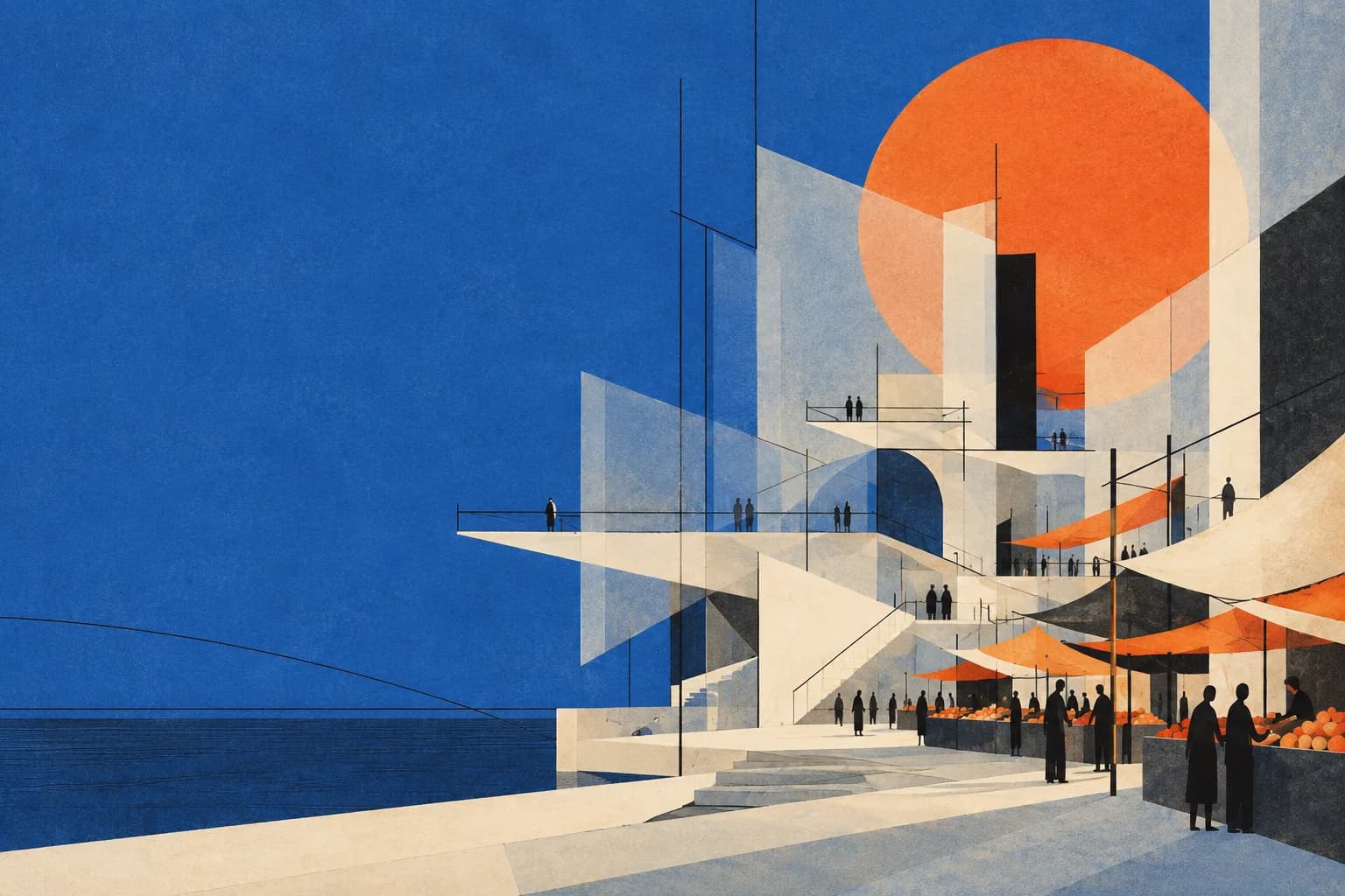 Modernist paper collage of a blue city and orange sun