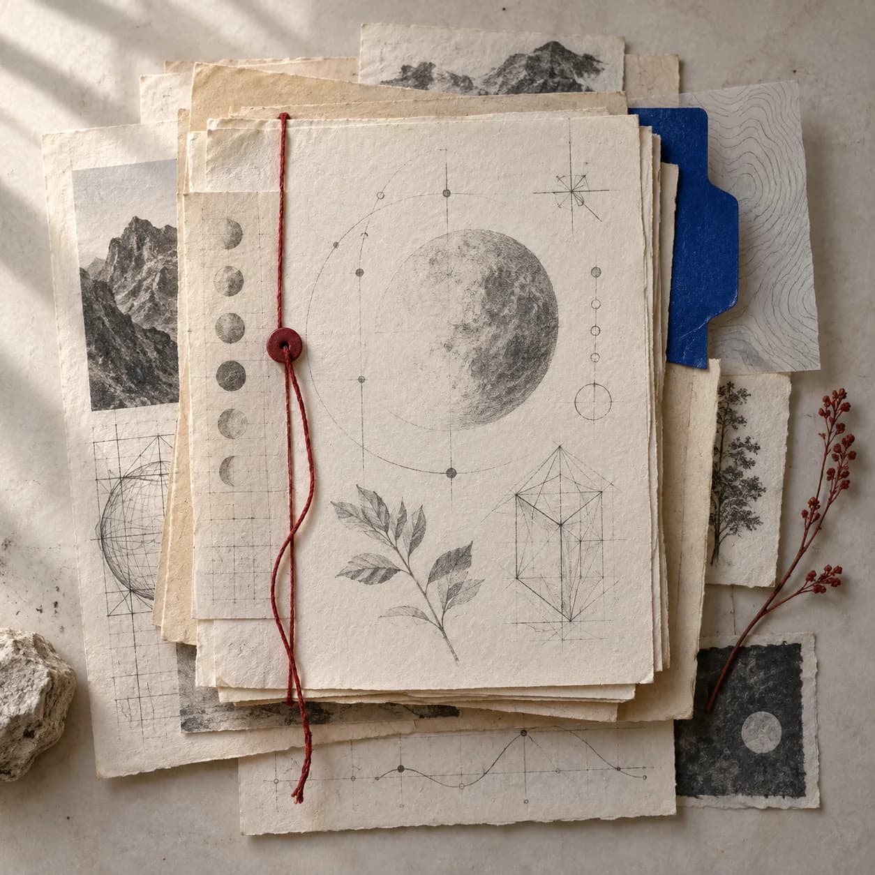 Layered paper notebook with graphite diagrams and a red thread